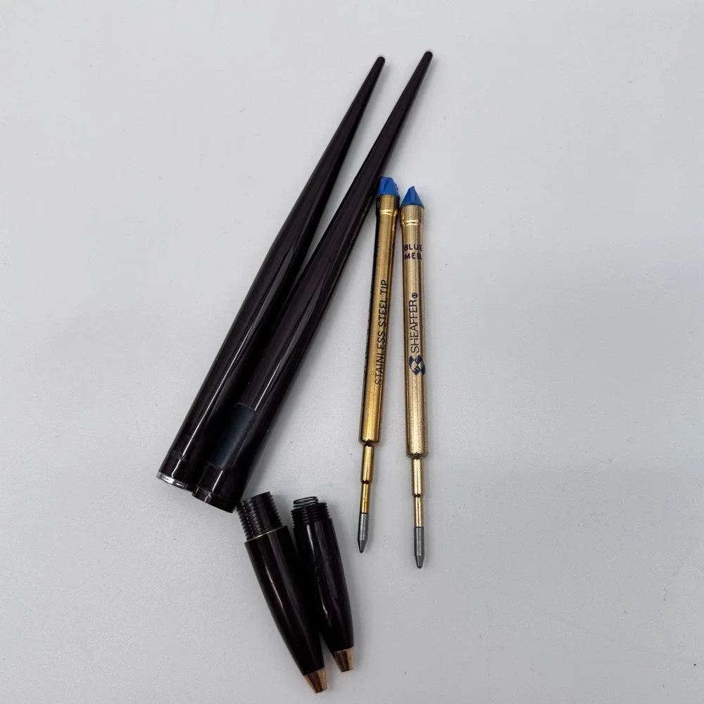 Vintage 1970's Sheaffer Desk Pen Set Green Onyx Marble Double Base Gold Trim